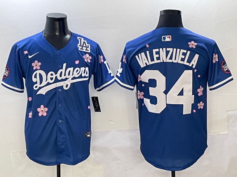 Men Los Angeles Dodgers 34 Valenzuela Blue Sakura Edition 2025 Nike MLB Jersey style 8